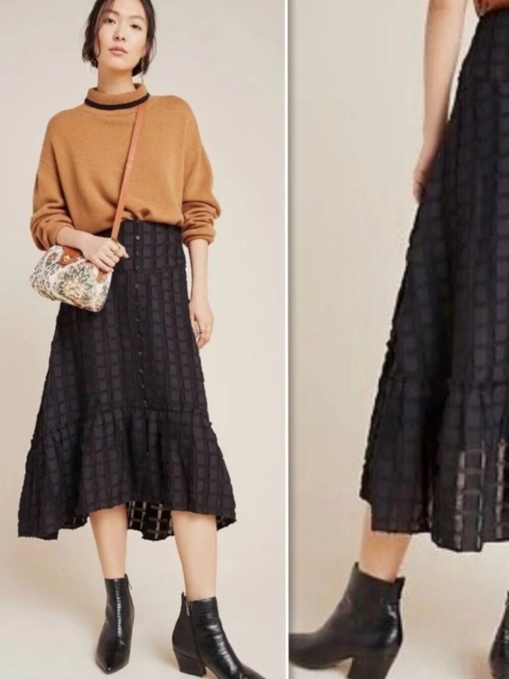 Maeve Merida flounce embroidered Hi-low ruffle hem skirt